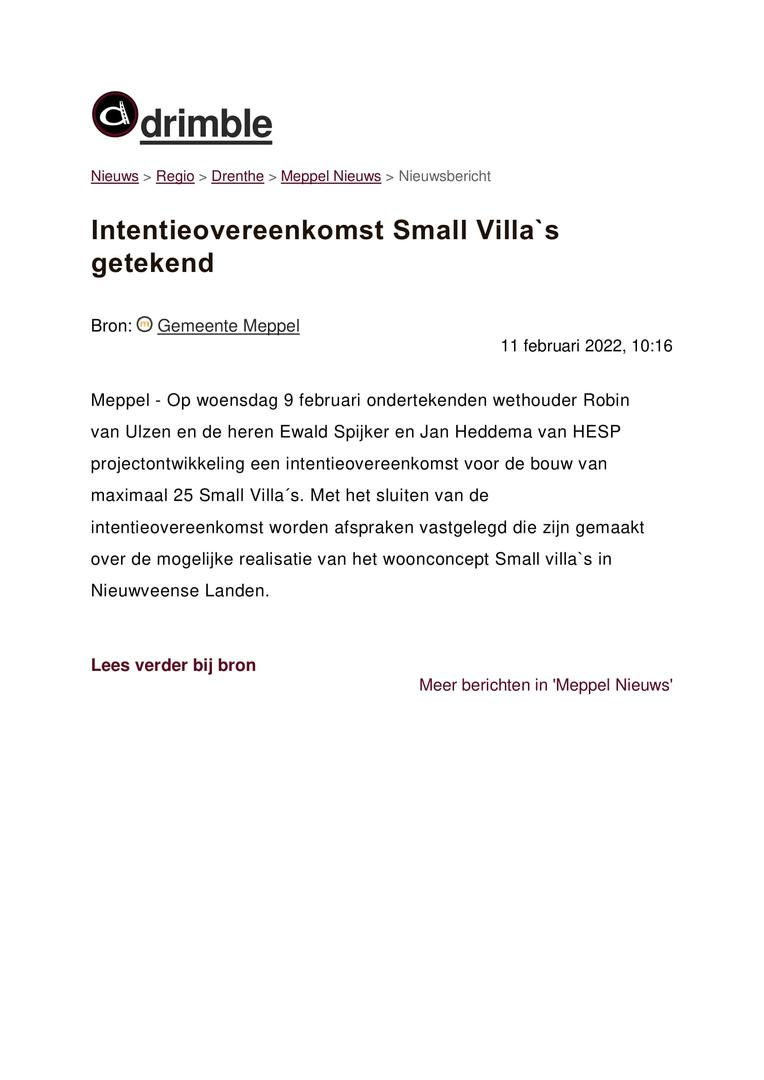 Intentieovereenkomst Small Villa's getekend in Meppel met wethouder Robin van Ulzen